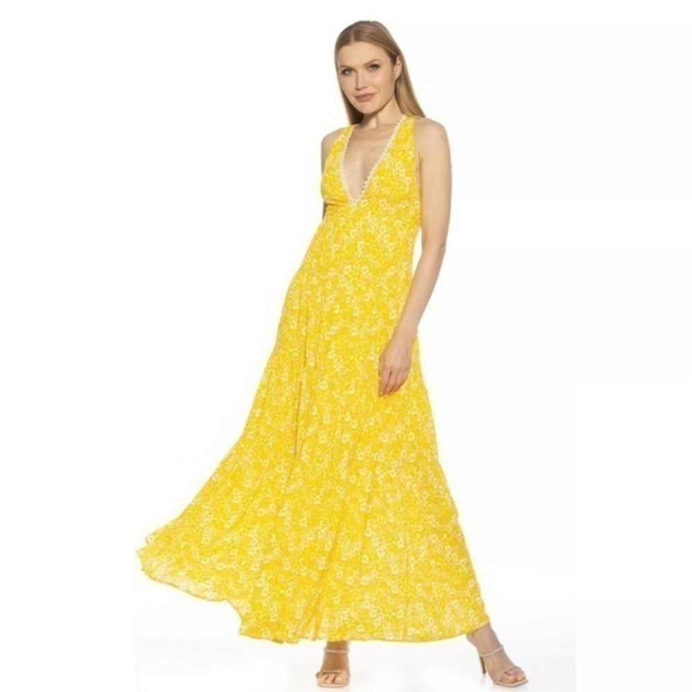 New Alexia Admor Tezzi V-Neck Tiered Maxi Dress Yellow Ditzy Butter